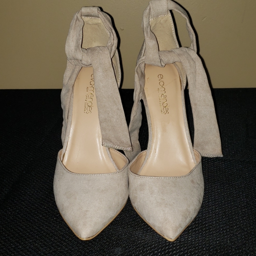 Beige Microsuede Ankle Tie Pumps